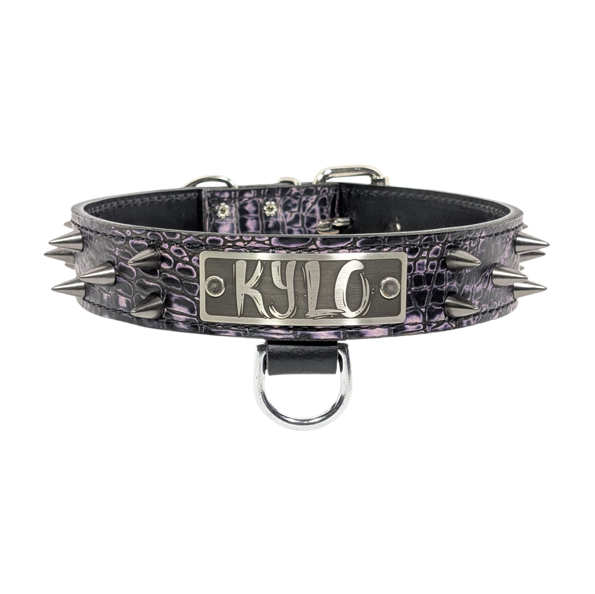 VN5 - Collar de cuero para perro de 1,5" de ancho con placa de identificación y púas cónicas