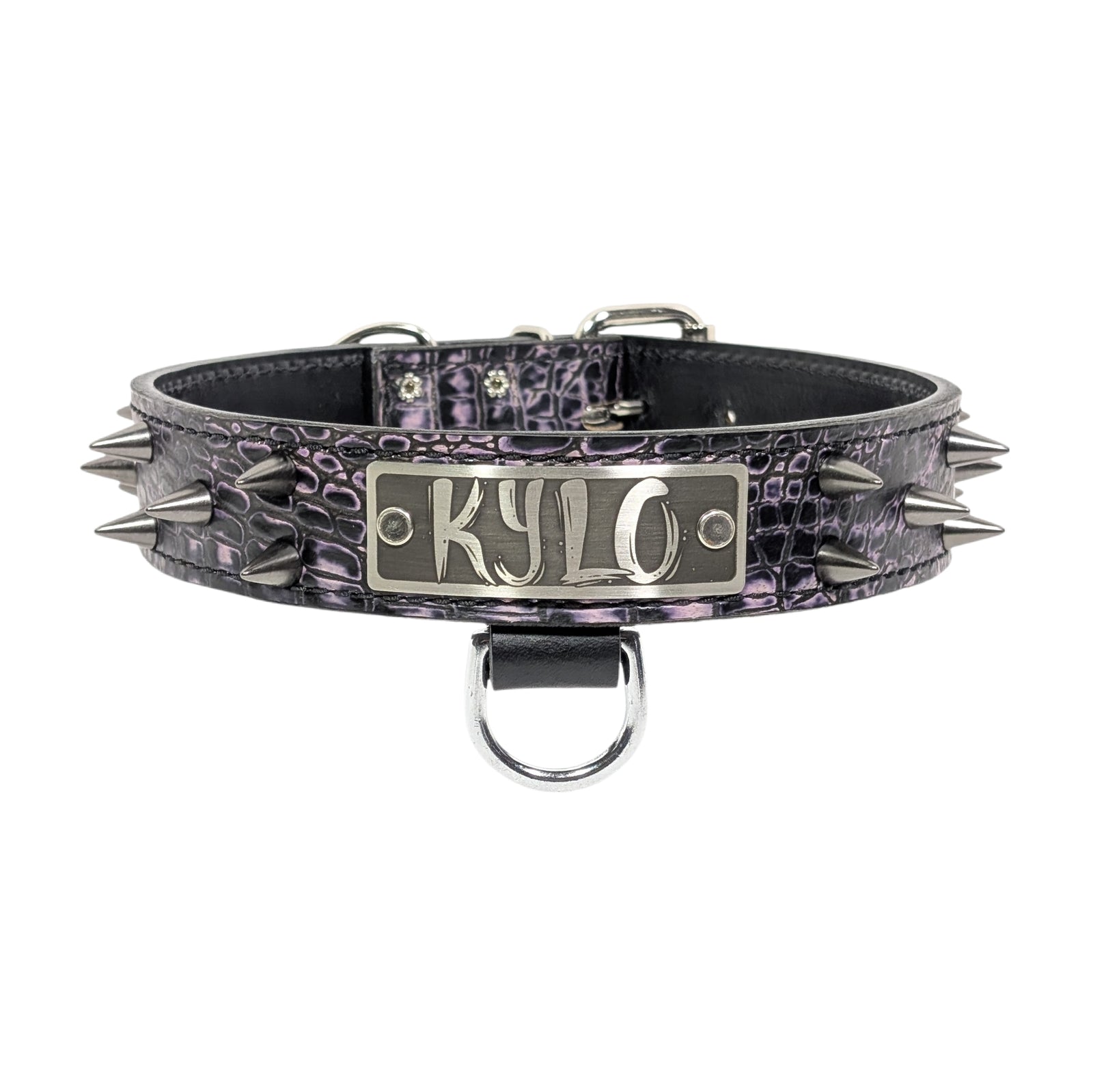 VN5 - Collar de cuero para perro de 1,5" de ancho con placa de identificación y púas cónicas