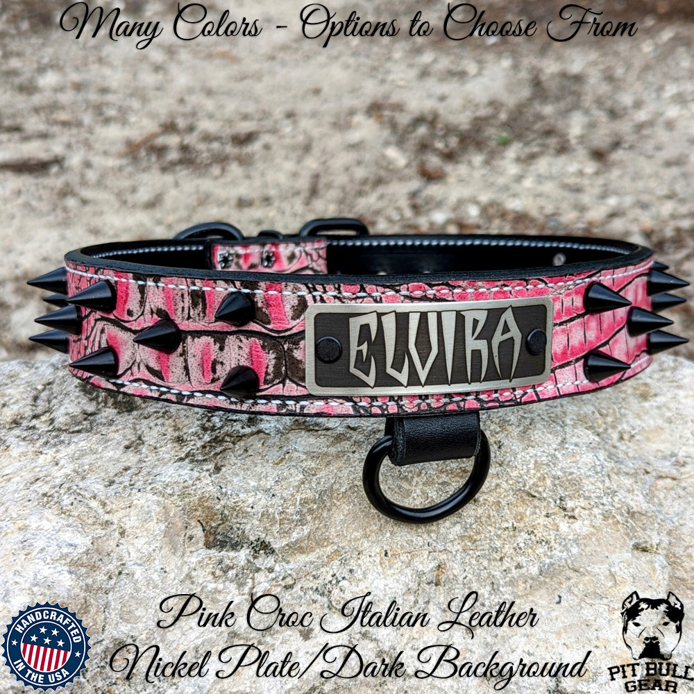 VN5 - Collar de cuero para perro de 1,5" de ancho con placa de identificación y púas cónicas