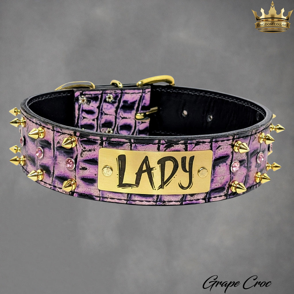 W11 – 2" Wide Personalized Italian Leather Spiked & Gem Dog Collar | Engraved Name Plate