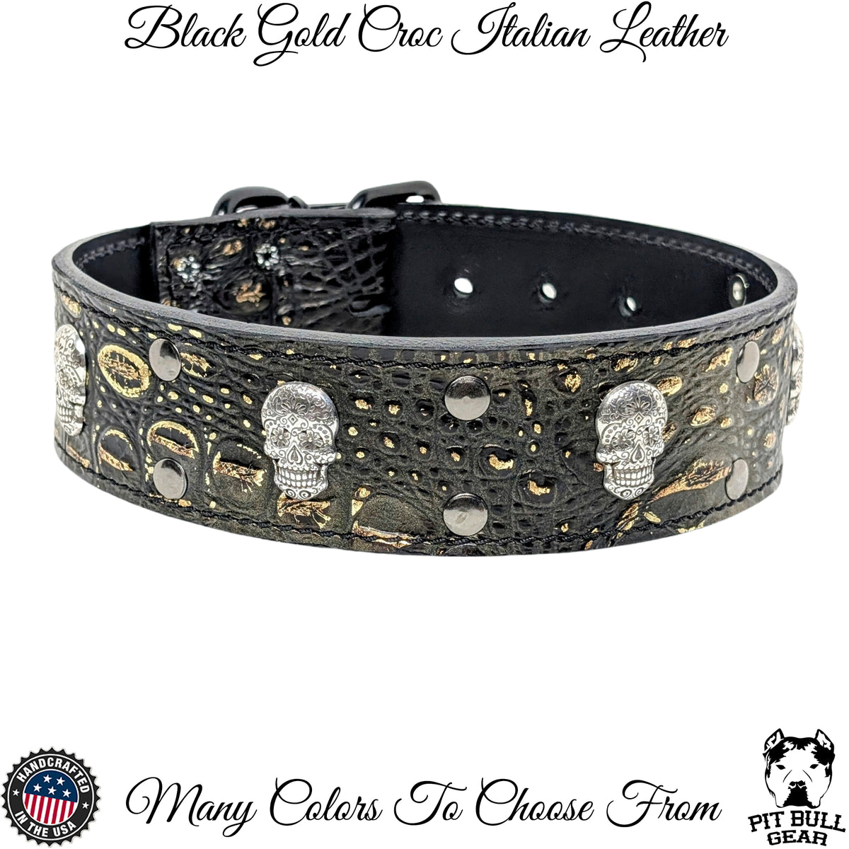W21 - 2" Wide Leather Dog Collar with Sugar Skulls &amp; Rivets