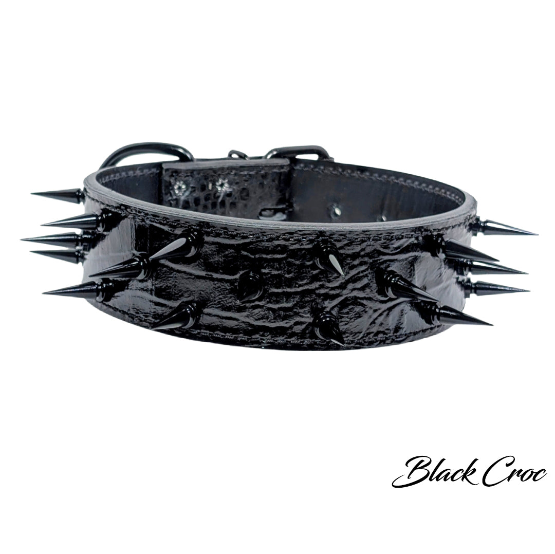 Black spiked collar on a white background with 'Black Croc' branding.