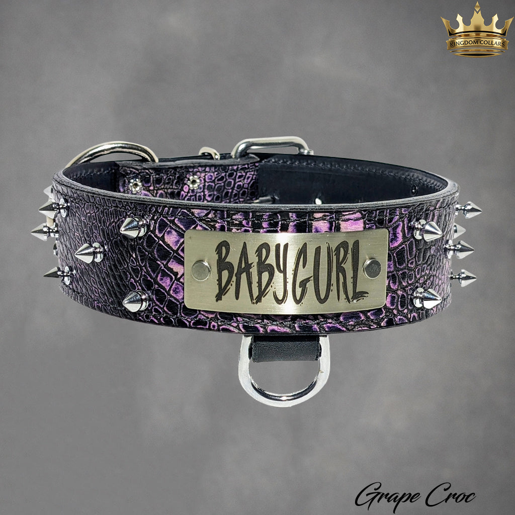 W46 - 2" Spiked Leather Dog Collar with Personalized Name Plate