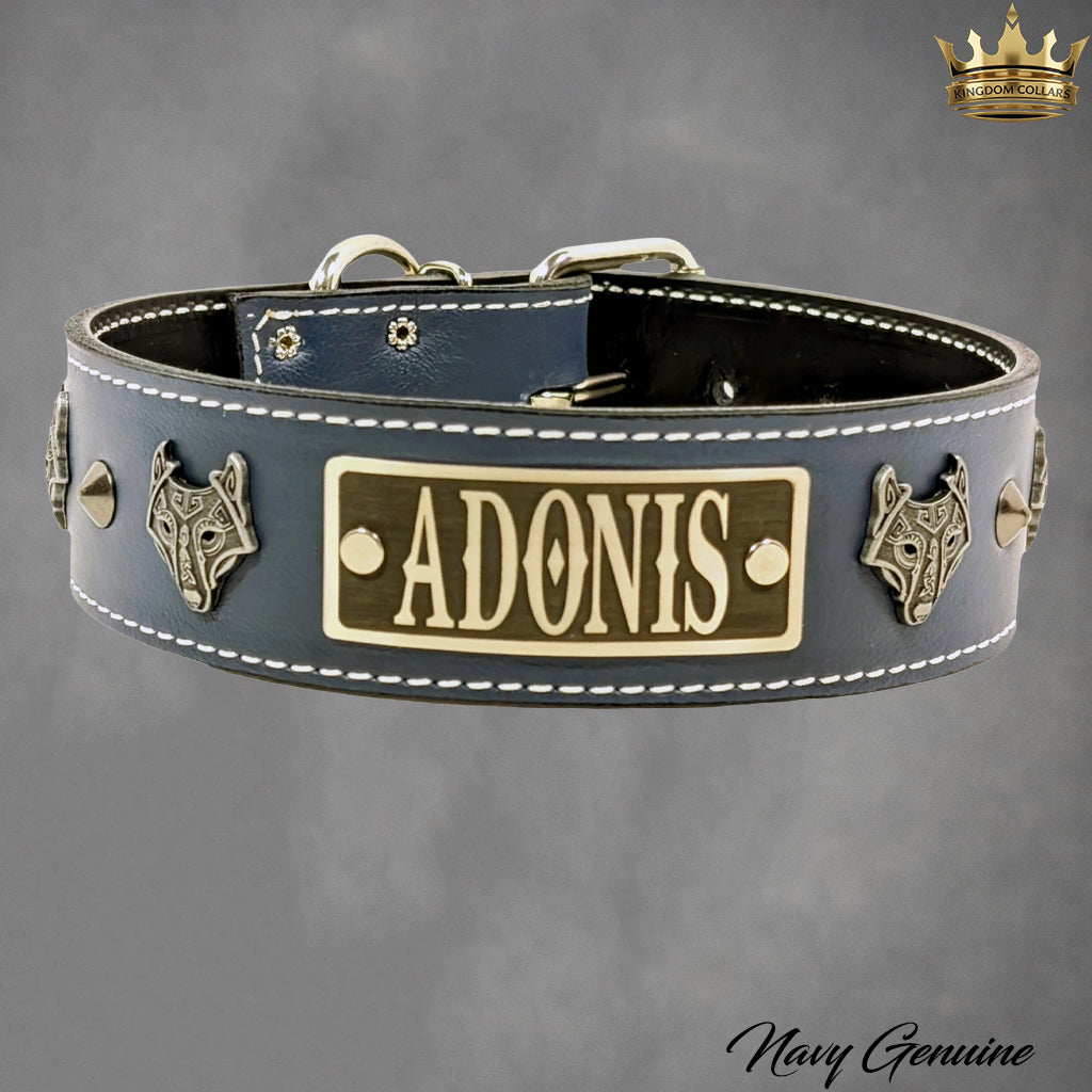 W4 - 2" Wide Viking Wolf Personalized Leather Dog Collar