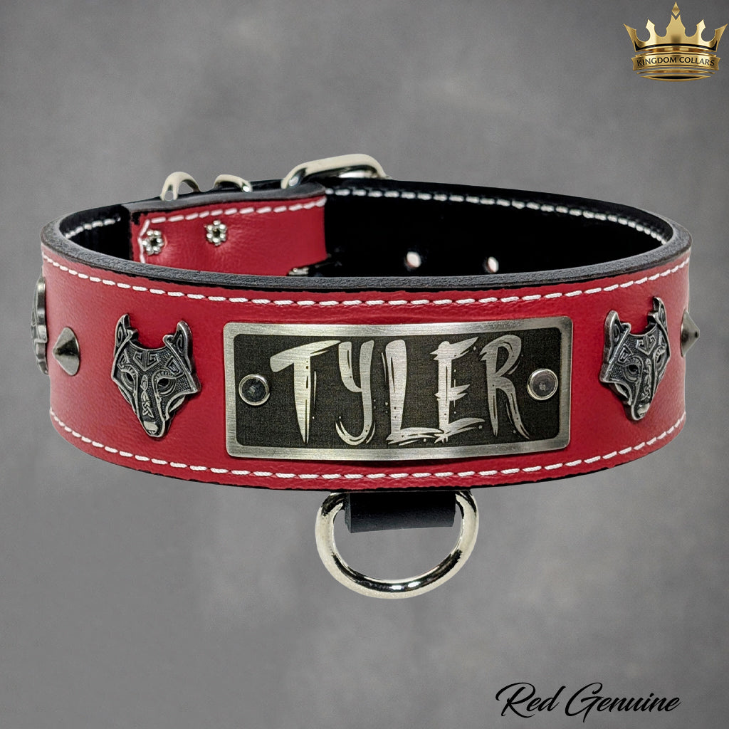 W4 - 2" Wide Viking Wolf Personalized Leather Dog Collar