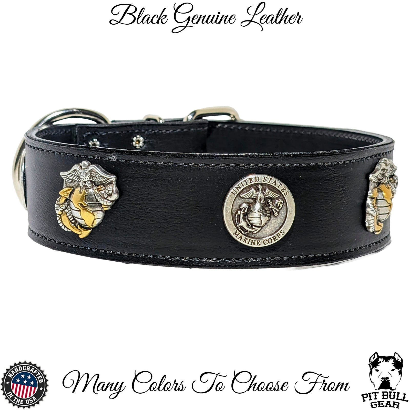 W76 - Collar de cuero para perro de 2" con temática del Cuerpo de Marines