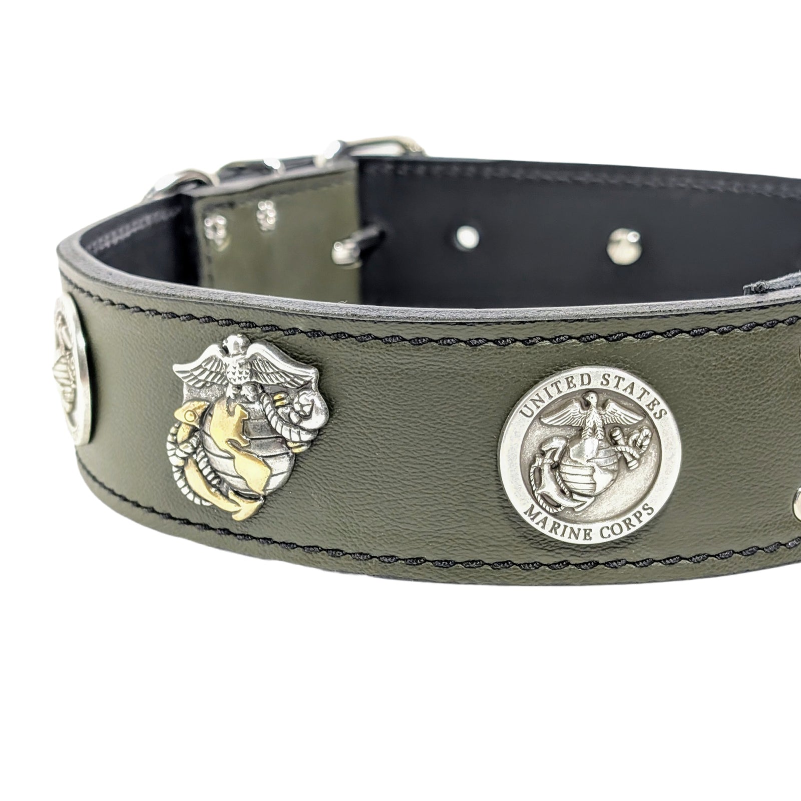 W76 - Collar de cuero para perro de 2" con temática del Cuerpo de Marines