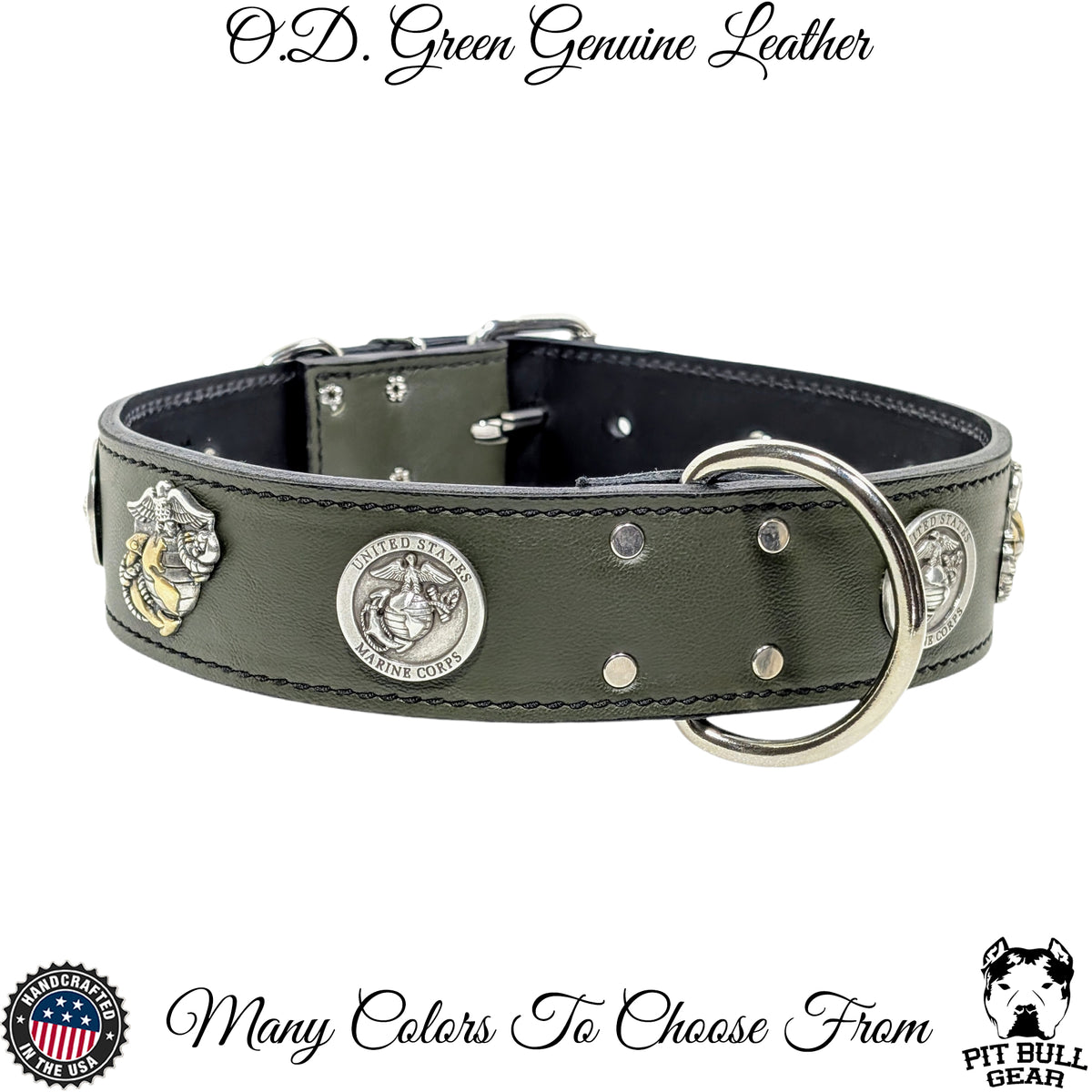 W76 - Collar de cuero para perro de 2" con temática del Cuerpo de Marines