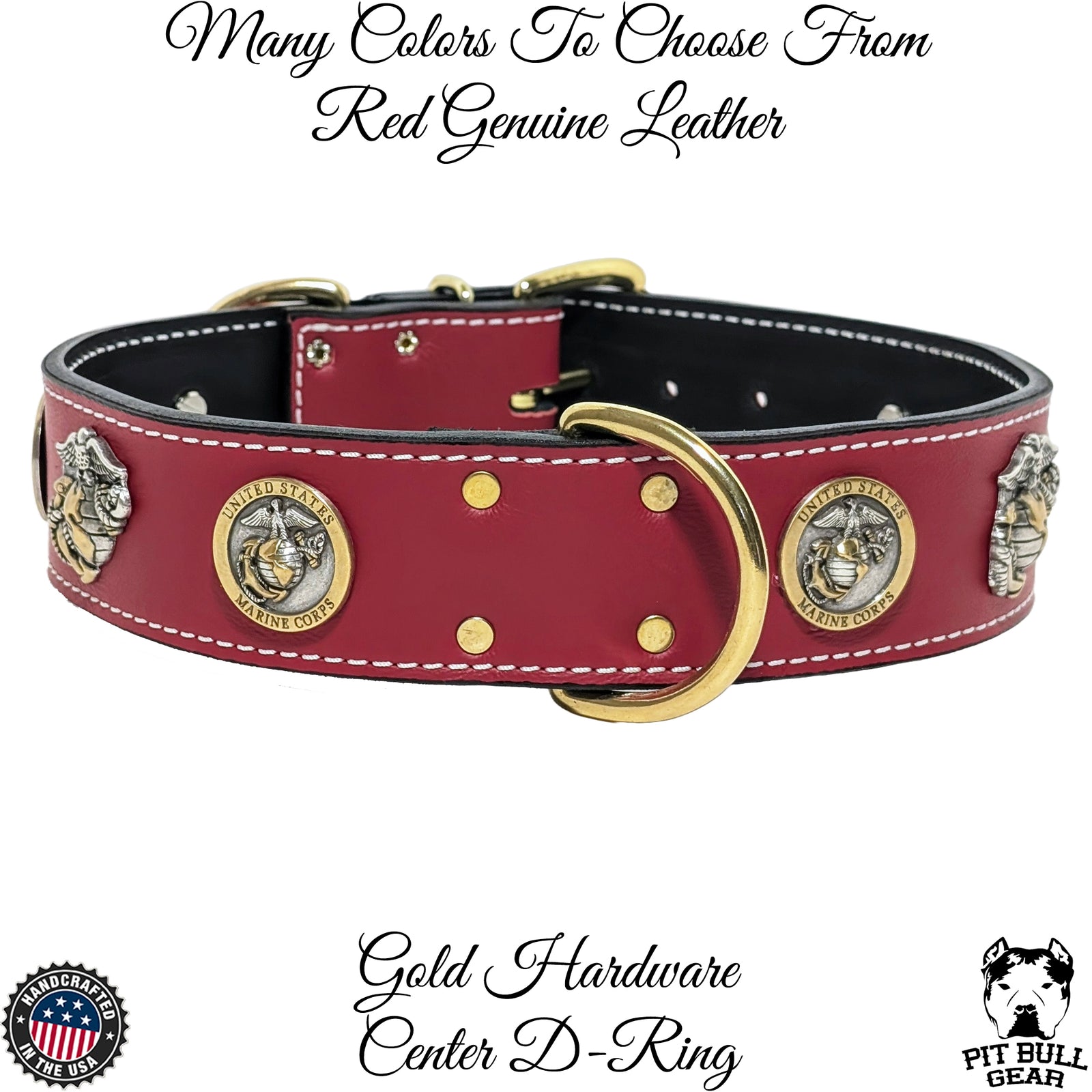 W76 - Collar de cuero para perro de 2" con temática del Cuerpo de Marines