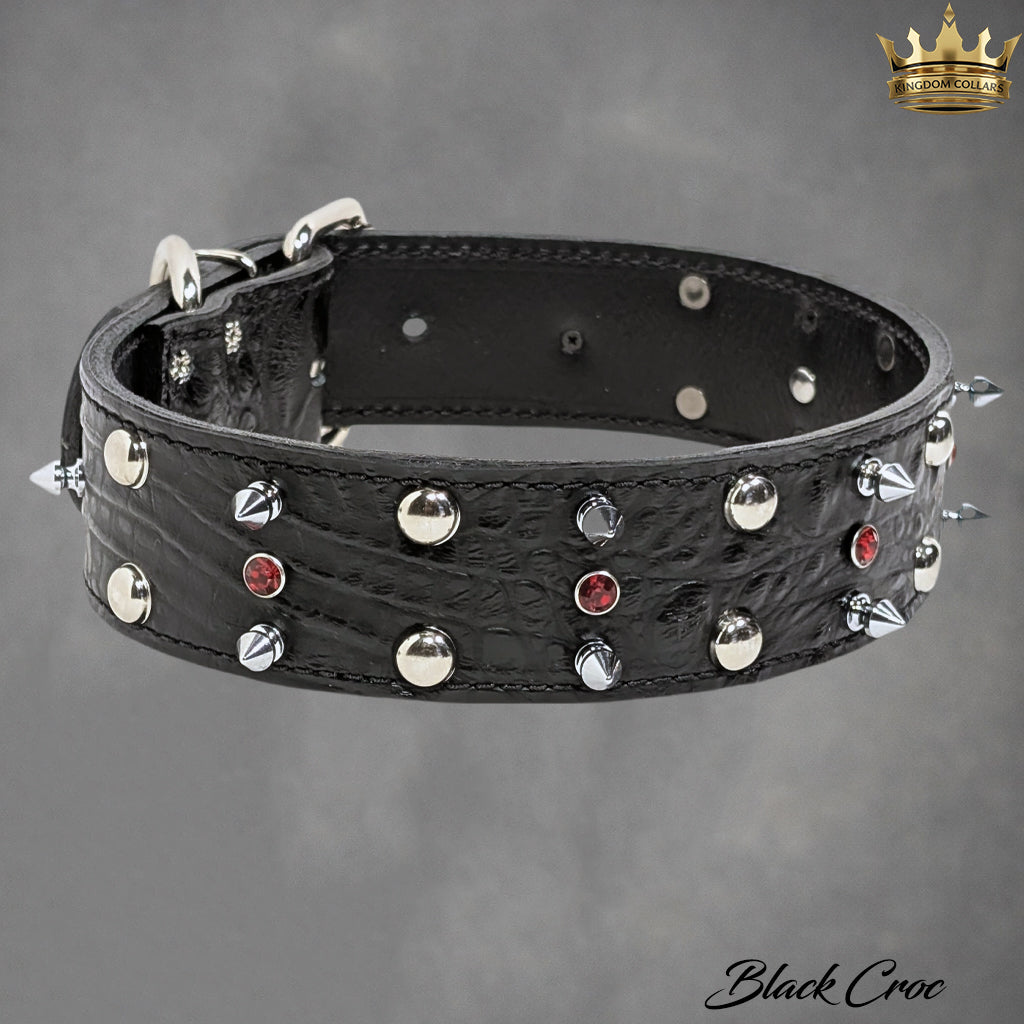 2" Wide Spiked & Studded Italian Leather Dog Collar | Gems, Spikes & Dome Studs