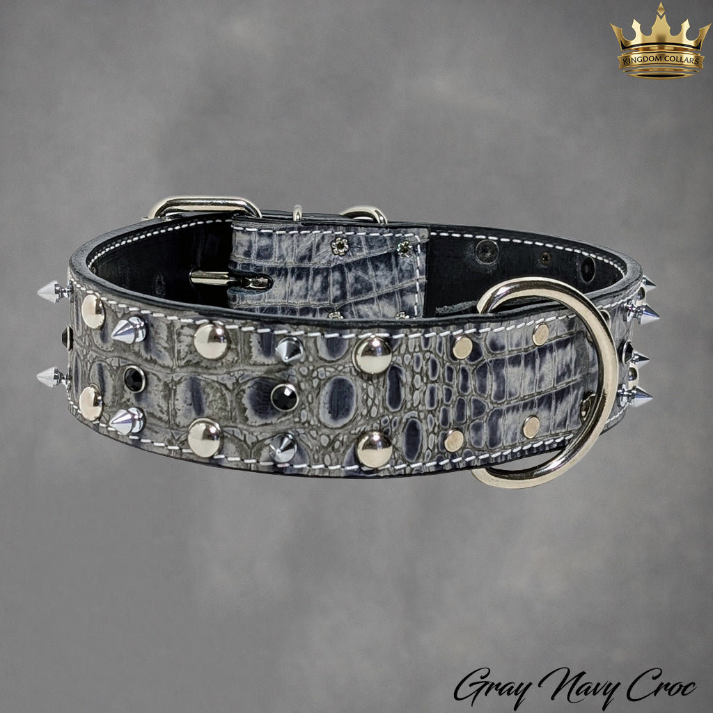 2" Wide Spiked & Studded Italian Leather Dog Collar | Gems, Spikes & Dome Studs