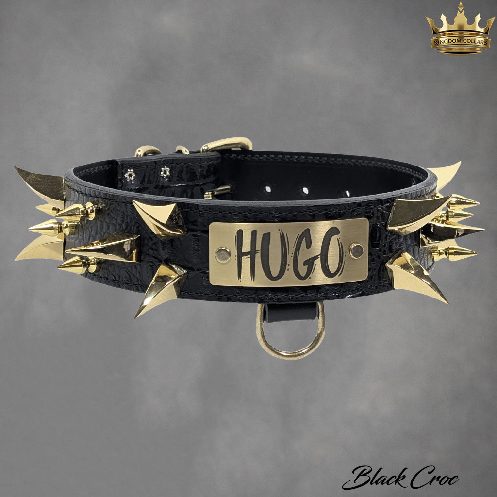 2" Wide Personalized Italian Leather Spiked Dog Collar | Dragon Claw & Tree Spikes | Engraved Name Plate