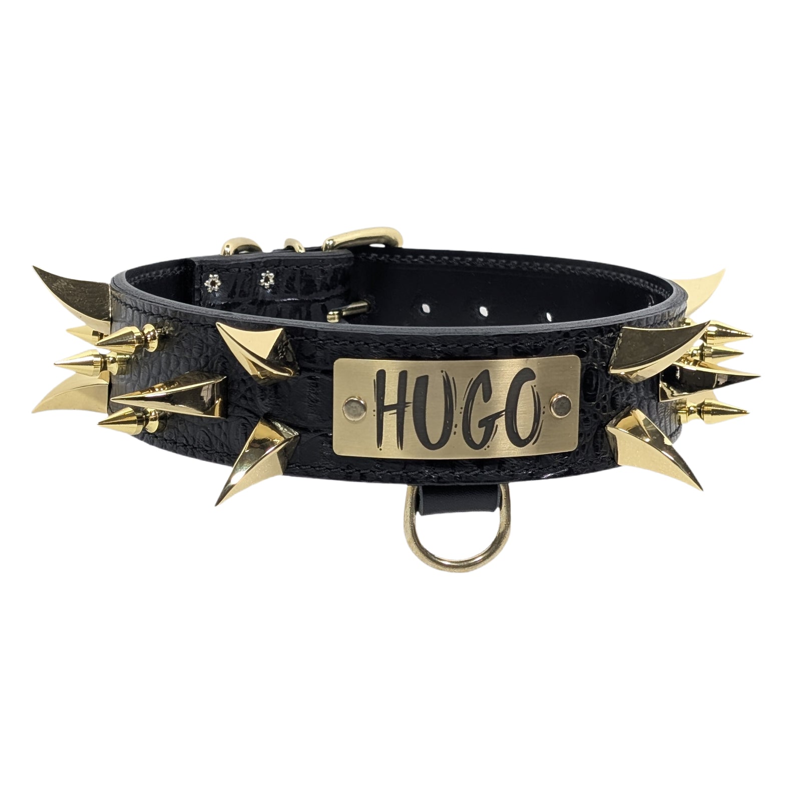 WN14 - Collar de cuero para perros de 2" de ancho con púas y placa con nombre