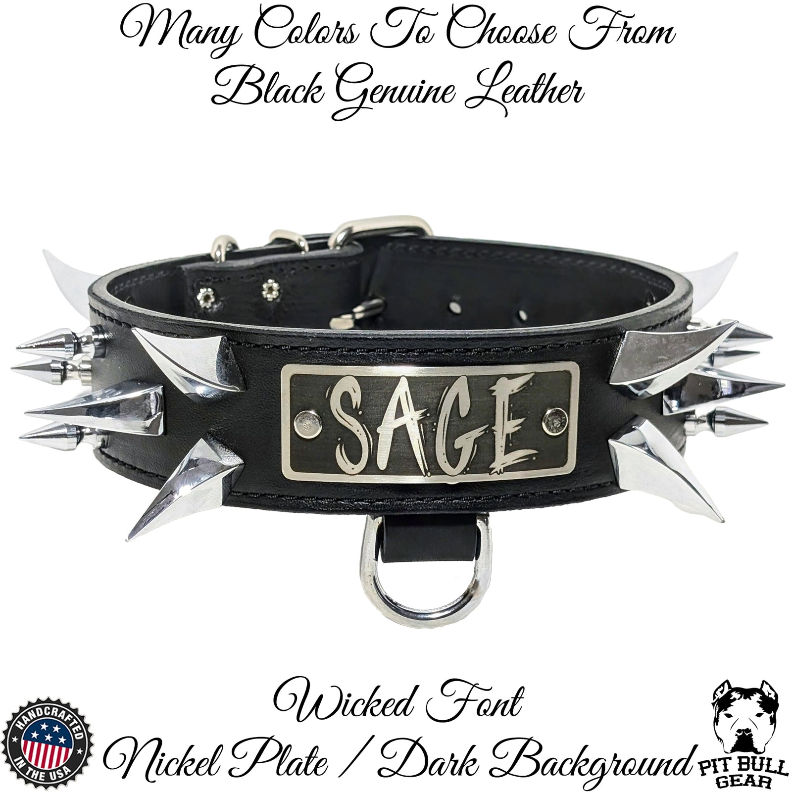 WN14 - Collar de cuero para perros de 2" de ancho con púas y placa con nombre