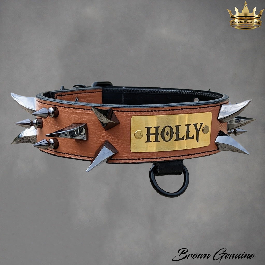 2" Wide Personalized Italian Leather Spiked Dog Collar | Dragon Claw & Tree Spikes | Engraved Name Plate