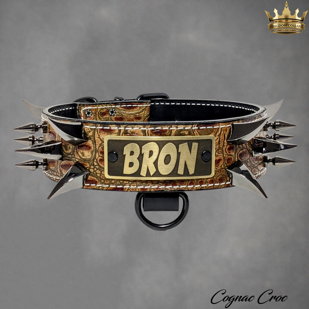 2" Wide Personalized Italian Leather Spiked Dog Collar | Dragon Claw & Tree Spikes | Engraved Name Plate