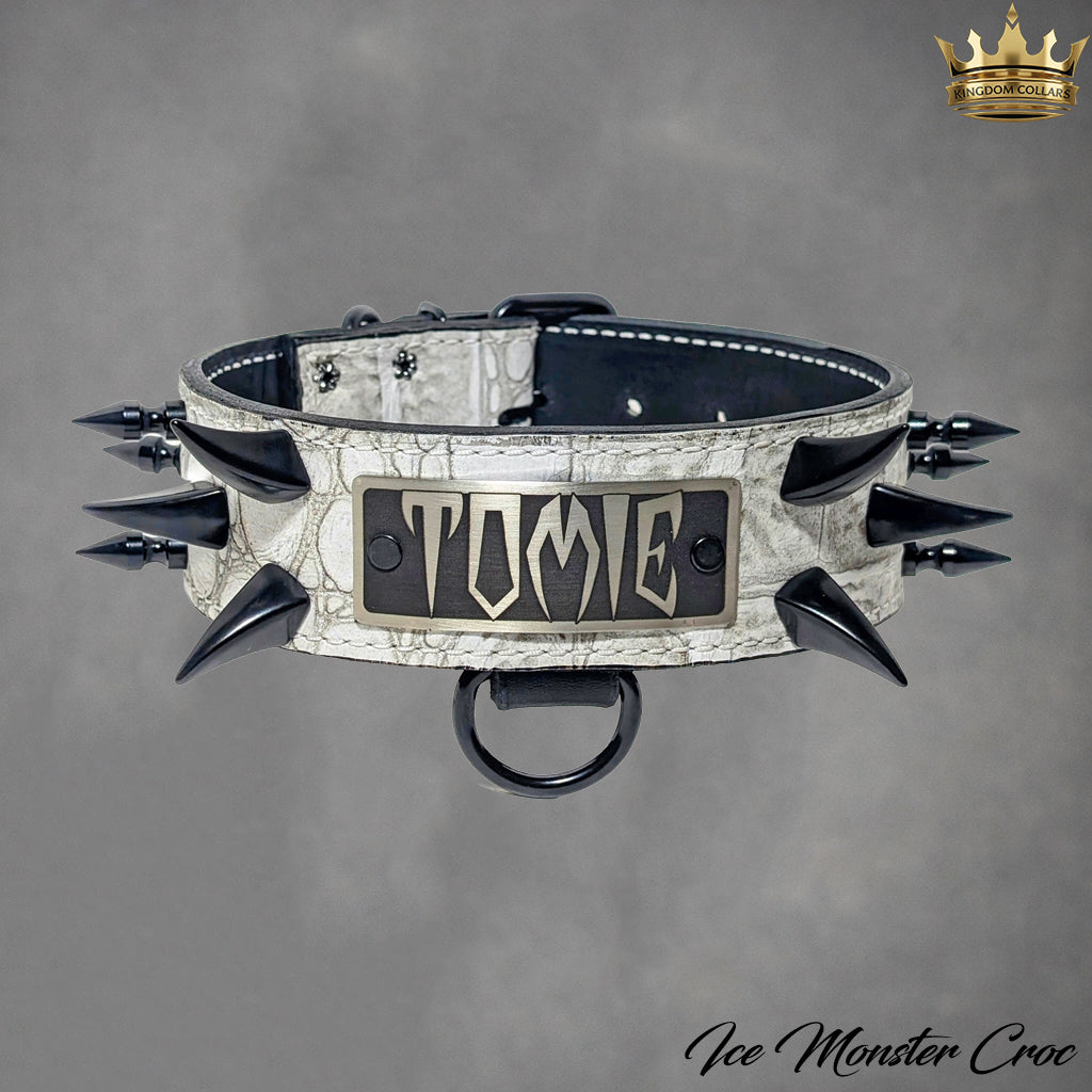 2" Wide Personalized Italian Leather Spiked Dog Collar | Dragon Claw & Tree Spikes | Engraved Name Plate