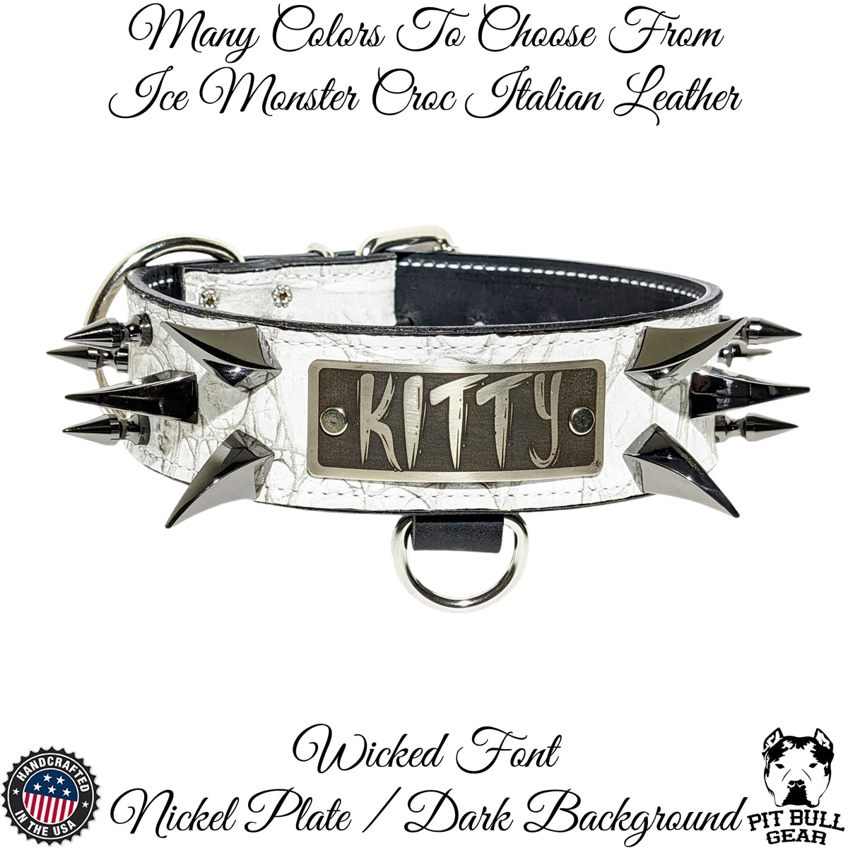 WN14 - Collar de cuero para perros de 2" de ancho con púas y placa con nombre