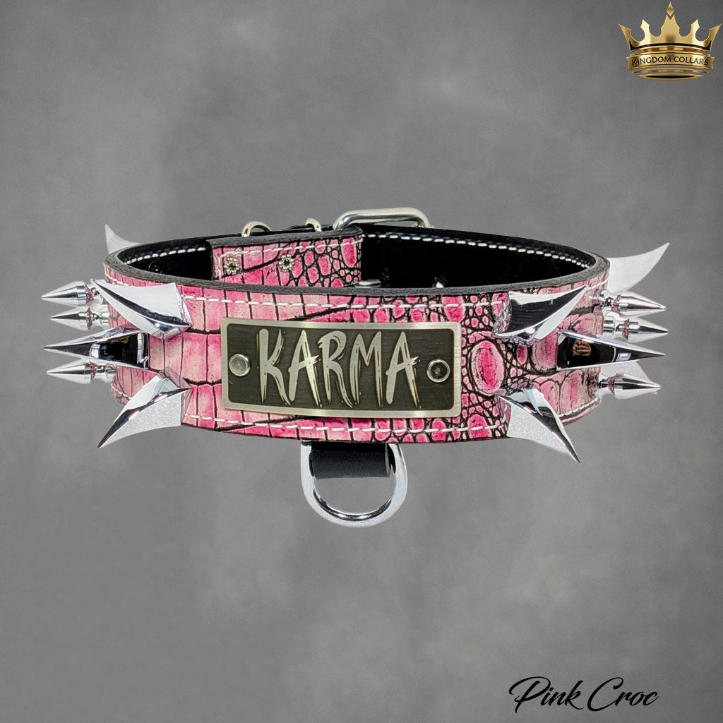 2" Wide Personalized Italian Leather Spiked Dog Collar | Dragon Claw & Tree Spikes | Engraved Name Plate