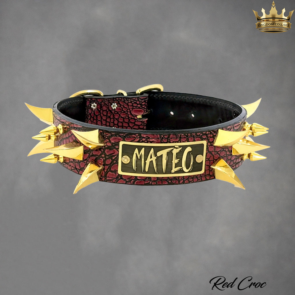 2" Wide Personalized Italian Leather Spiked Dog Collar | Dragon Claw & Tree Spikes | Engraved Name Plate