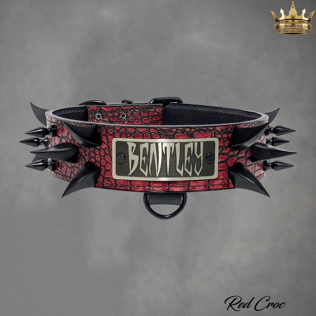 2" Wide Personalized Italian Leather Spiked Dog Collar | Dragon Claw & Tree Spikes | Engraved Name Plate