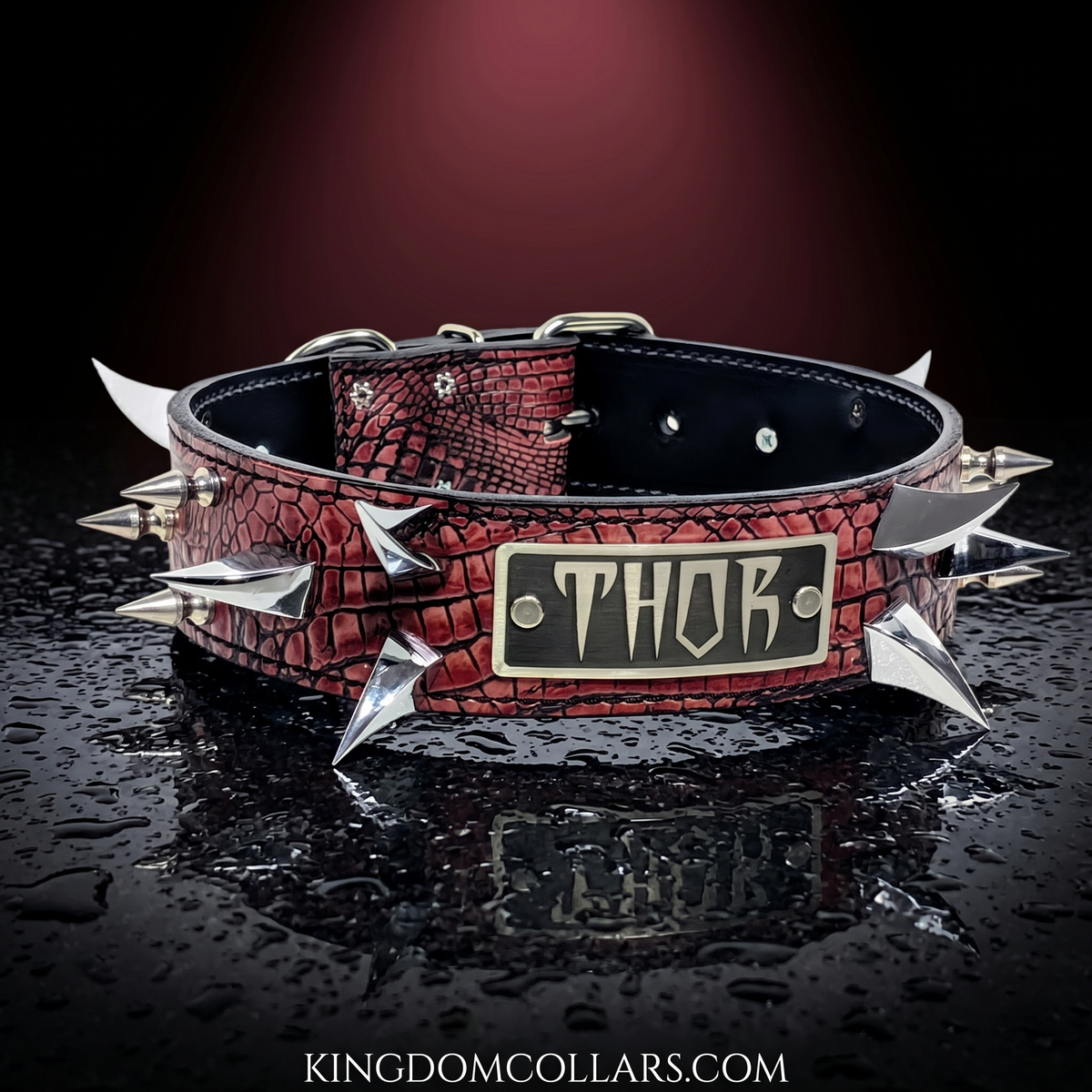 Red and black spiked dog collar with 'Thor' engraving on a dark surface