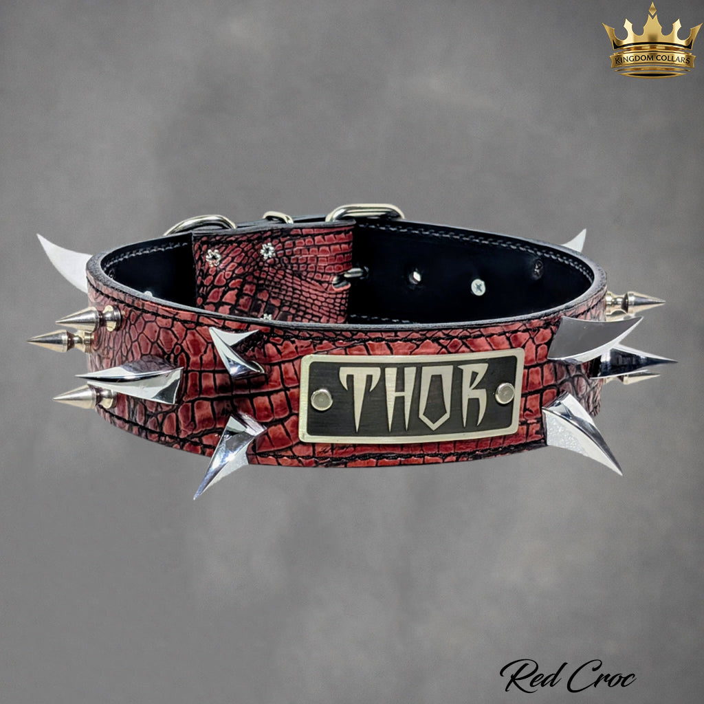 2" Wide Personalized Italian Leather Spiked Dog Collar | Dragon Claw & Tree Spikes | Engraved Name Plate