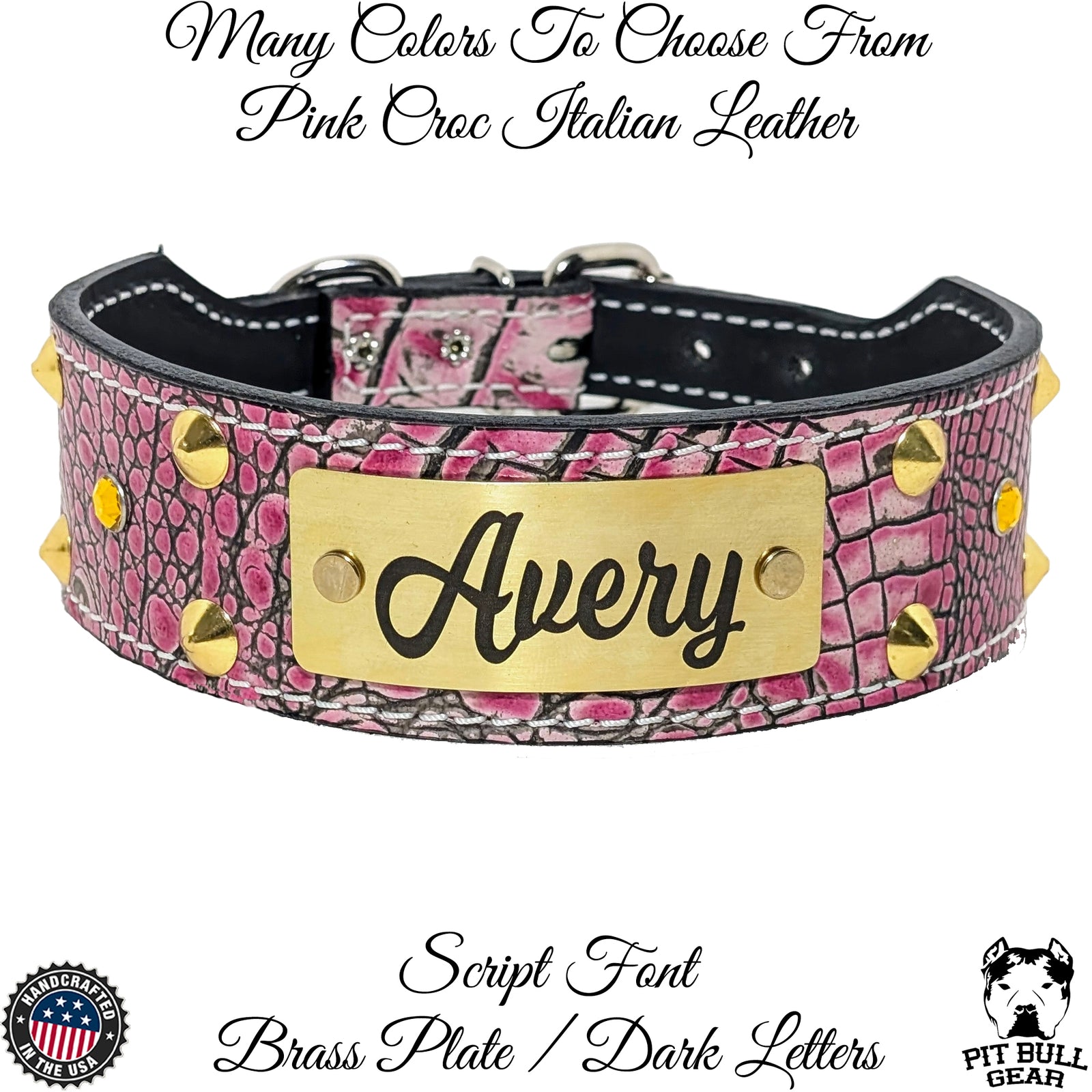 WN19 - Collar de cuero cónico de 2" de ancho para perros con placa con nombre, tachuelas y gemas