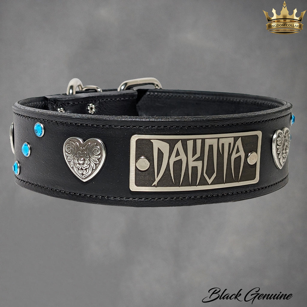 WN37 - 2" Wide Personalized Leather Dog Collar with Hearts & Gems