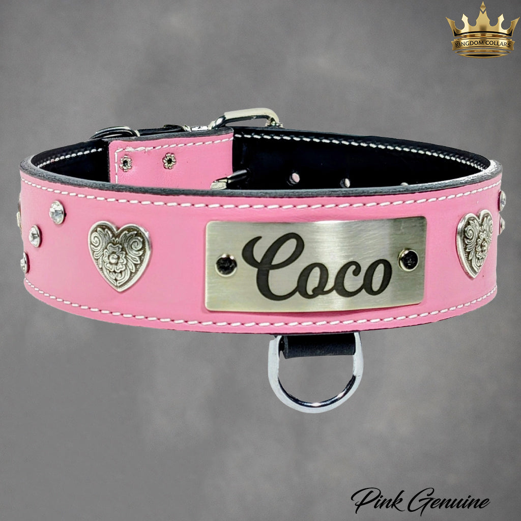 WN37 - 2" Wide Personalized Leather Dog Collar with Hearts & Gems