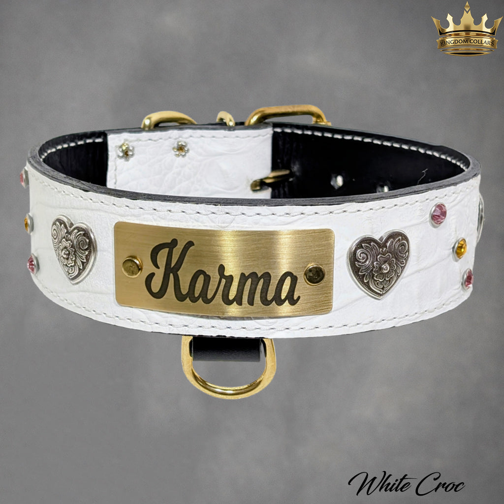 WN37 - 2" Wide Personalized Leather Dog Collar with Hearts & Gems