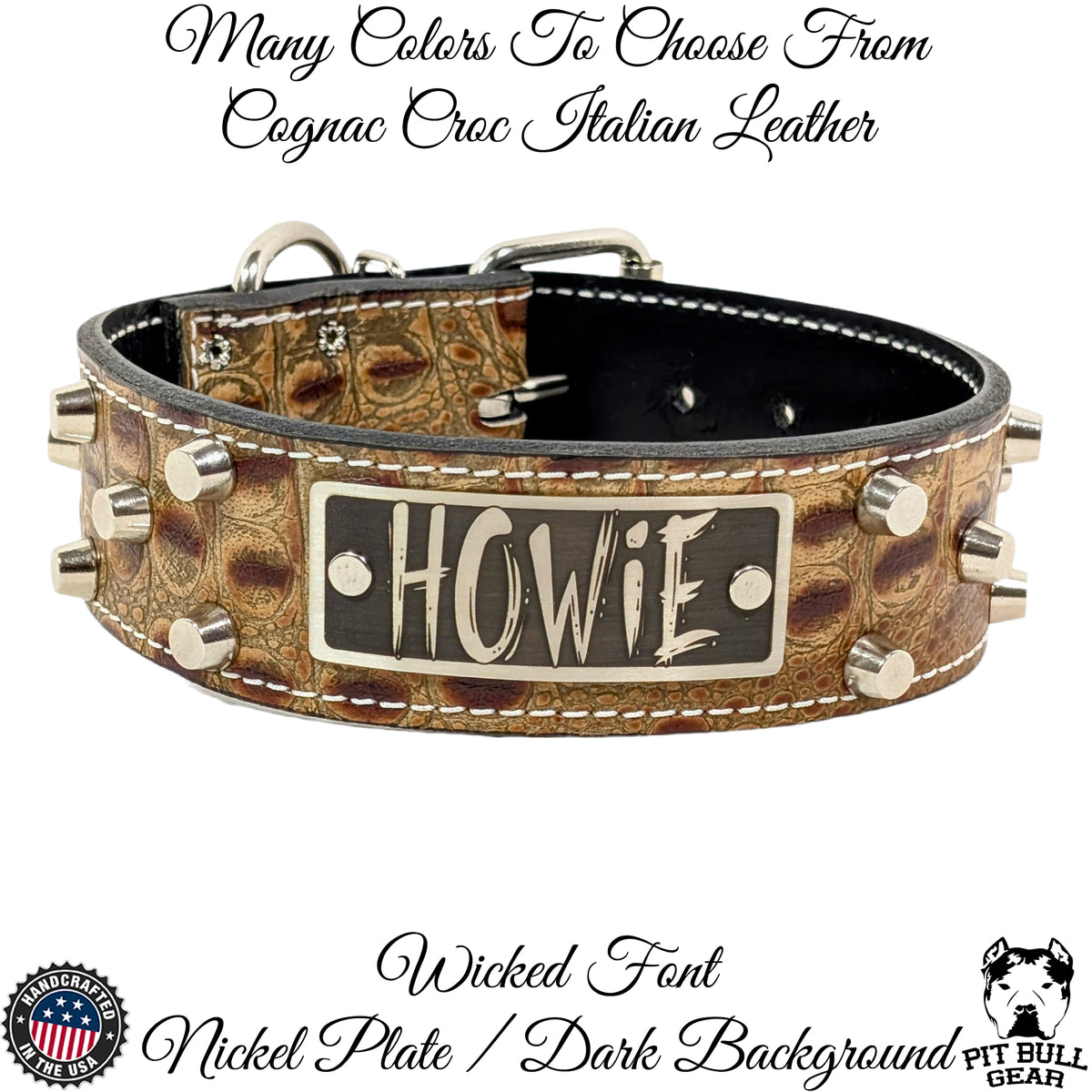 WN4 - Coleira personalizada de couro com tachinhas de 2"