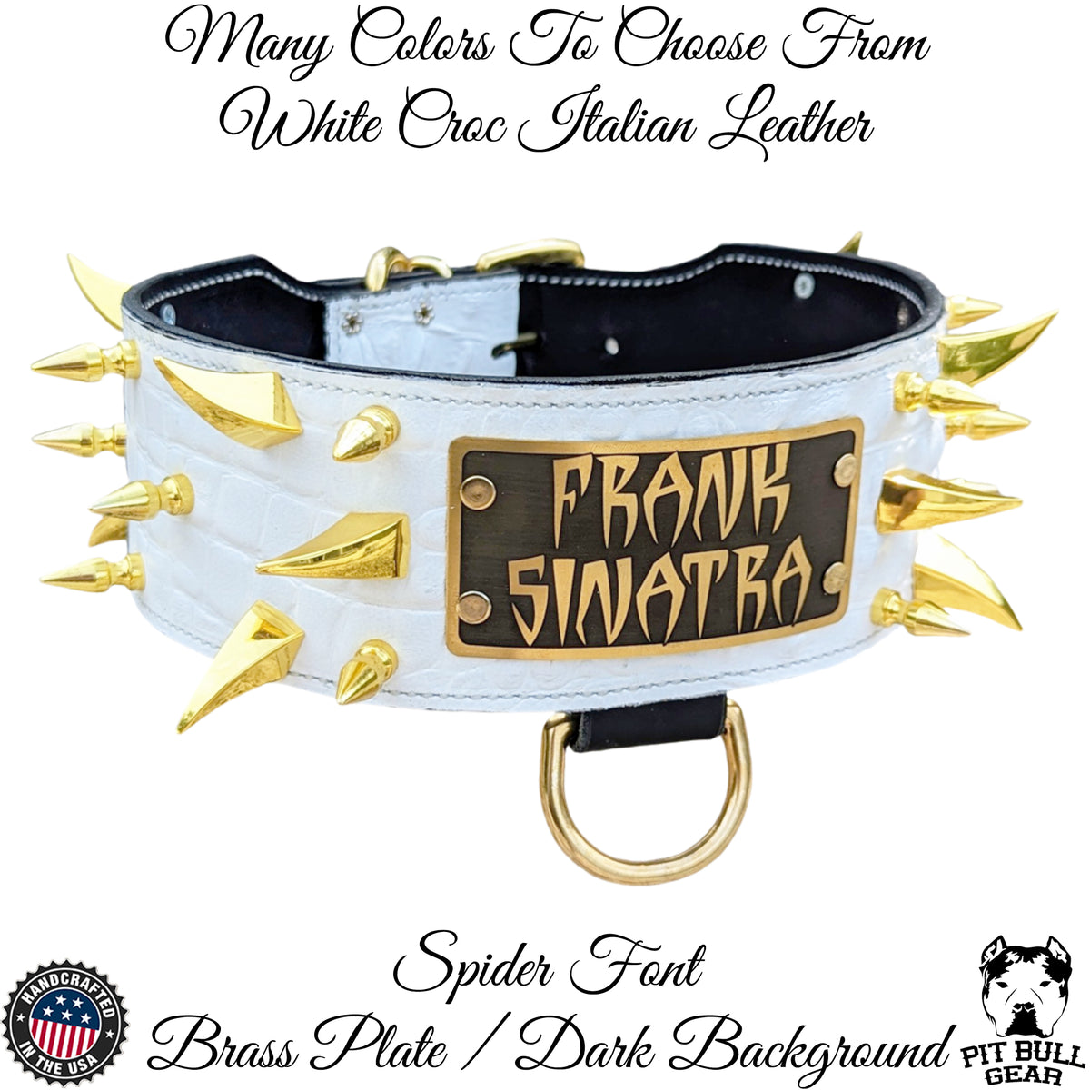 White leather dog collar with gold spikes and 'Frank Sinatra' brass plate on a white background