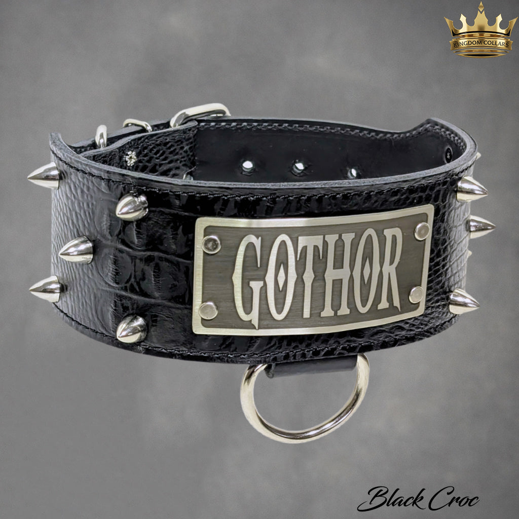 2.5"–3" Wide Italian Leather Studded Dog Collar | 2 Row Bullet Studs | Engraved Name Plate