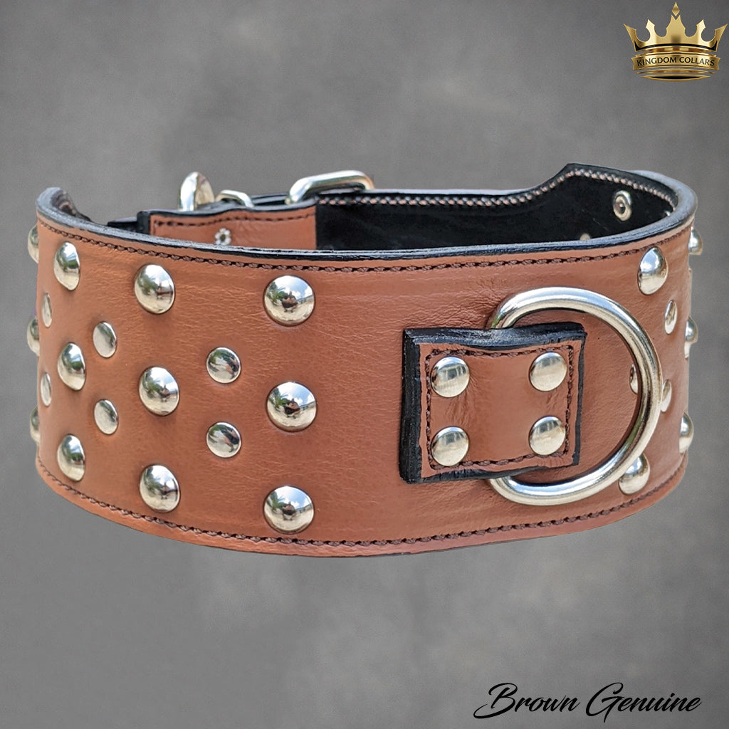 X5 - Custom Made 3" Wide Italian Leather Studded Dog Collar