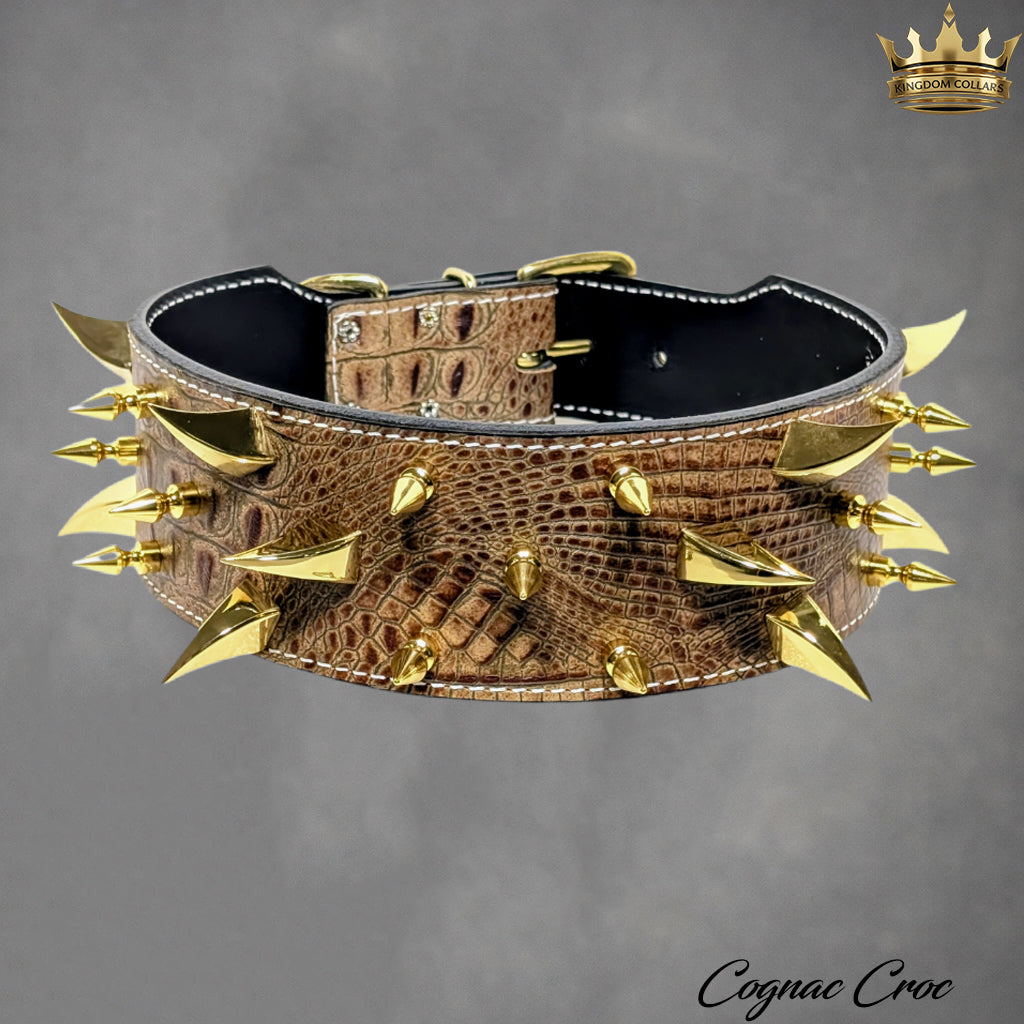 XC30 – 2.5"–3" Wide Italian Leather Spiked Dog Collar | Dragon Claw & Tree Spikes