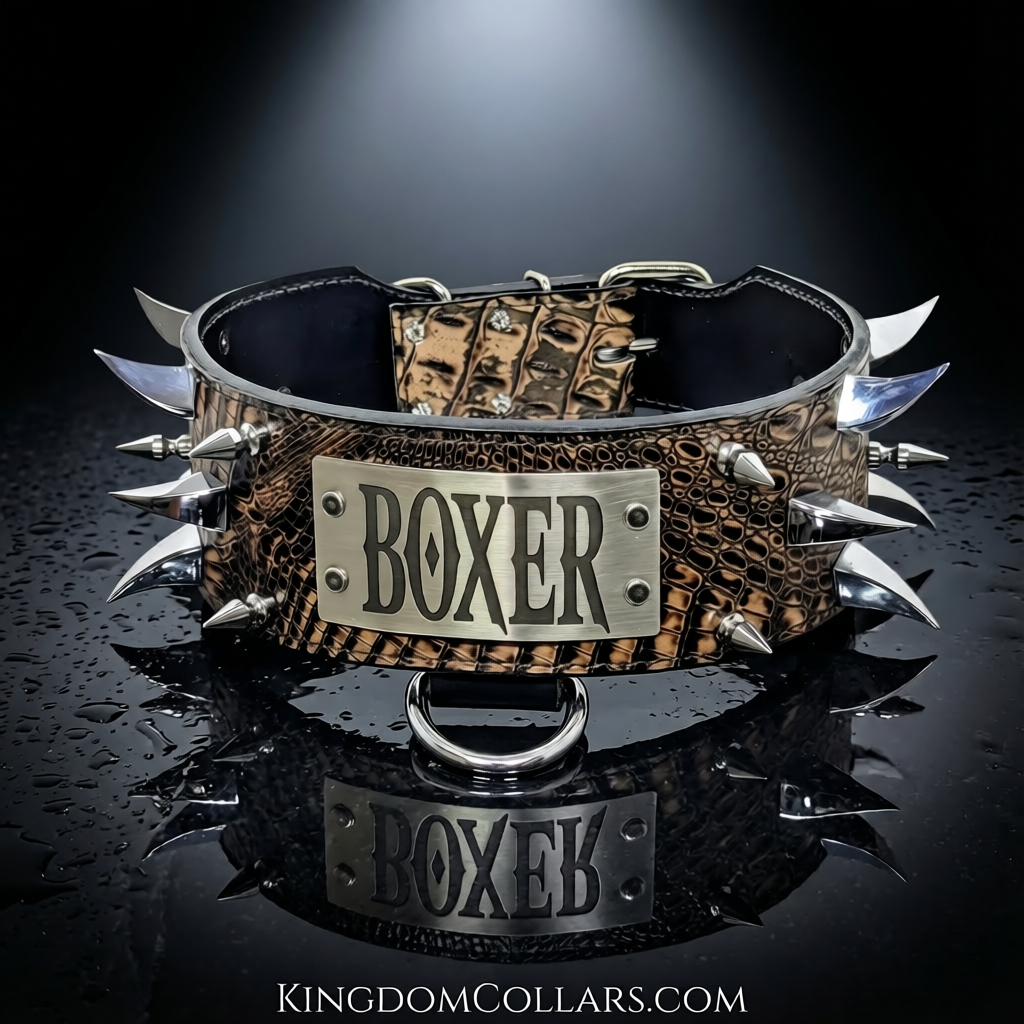 Dog collar with spikes and 'BOXER' engraving on a dark background