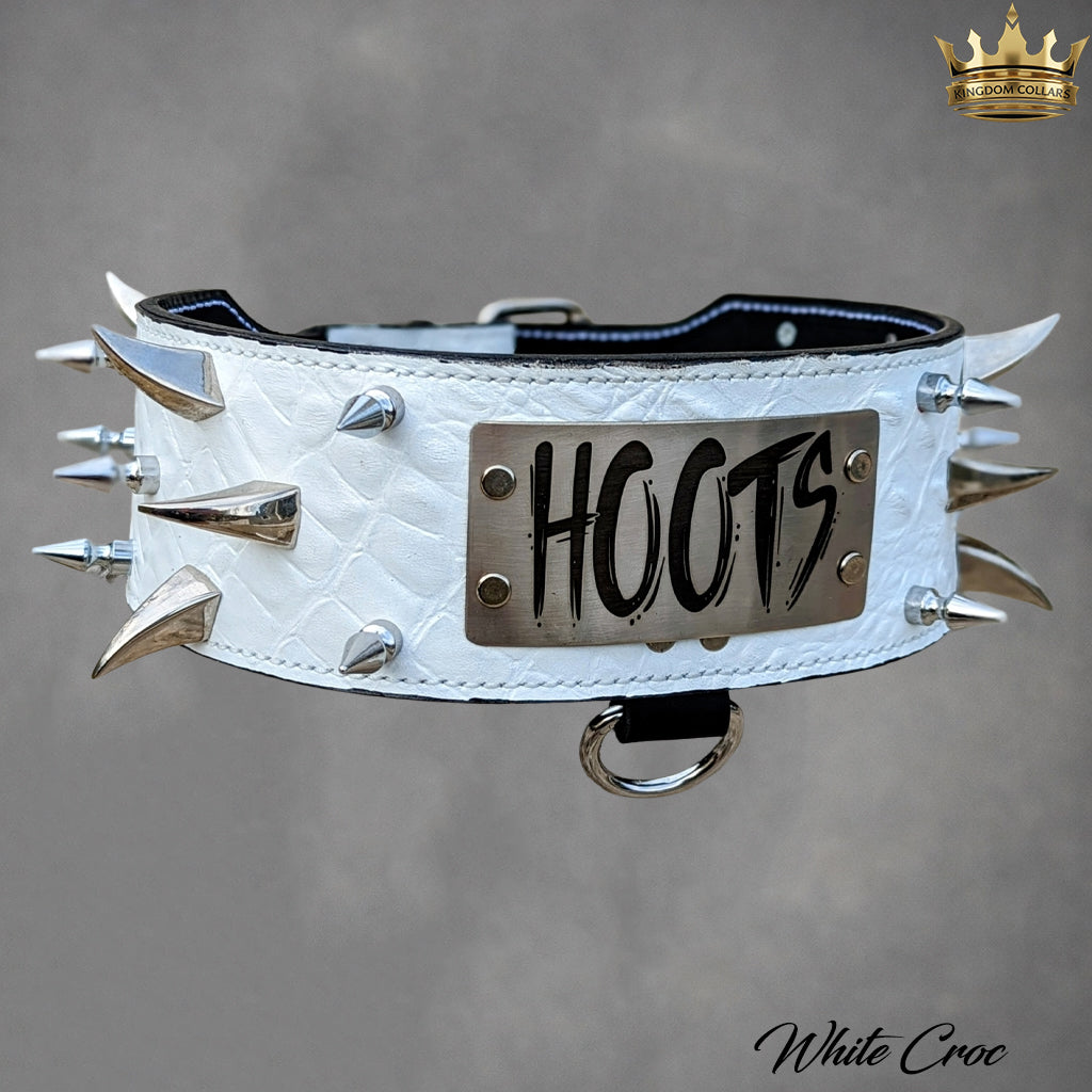 2.5"–3" Wide Italian Leather Spiked Dog Collar | Tree Spikes & Dragon Claws | Engraved Name Plate