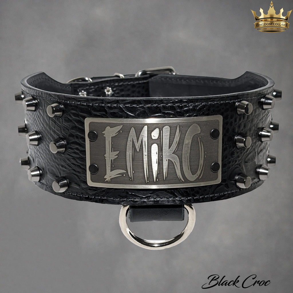 XN1 - Collar de cuero para perro de 3" de ancho con placa de identificación personalizada y tachuelas