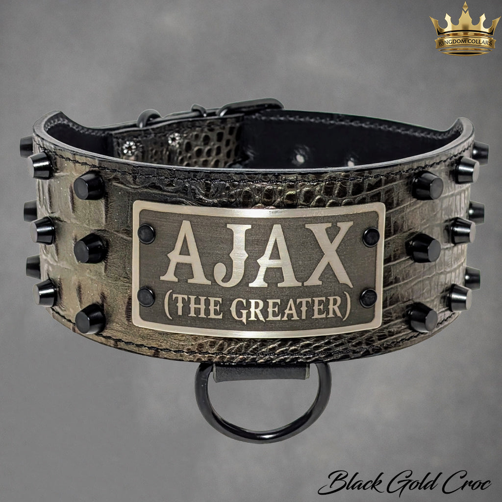 XN1 - Collar de cuero para perro de 3" de ancho con placa de identificación personalizada y tachuelas