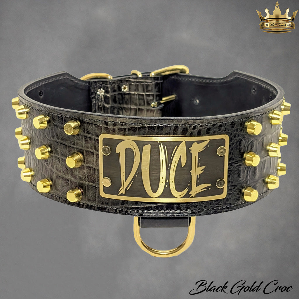 XN1 - Collar de cuero para perro de 3" de ancho con placa de identificación personalizada y tachuelas