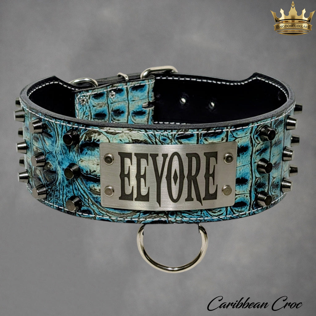 XN1 - Collar de cuero para perro de 3" de ancho con placa de identificación personalizada y tachuelas