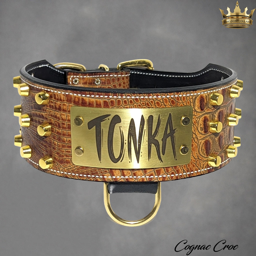 XN1 - Collar de cuero para perro de 3" de ancho con placa de identificación personalizada y tachuelas