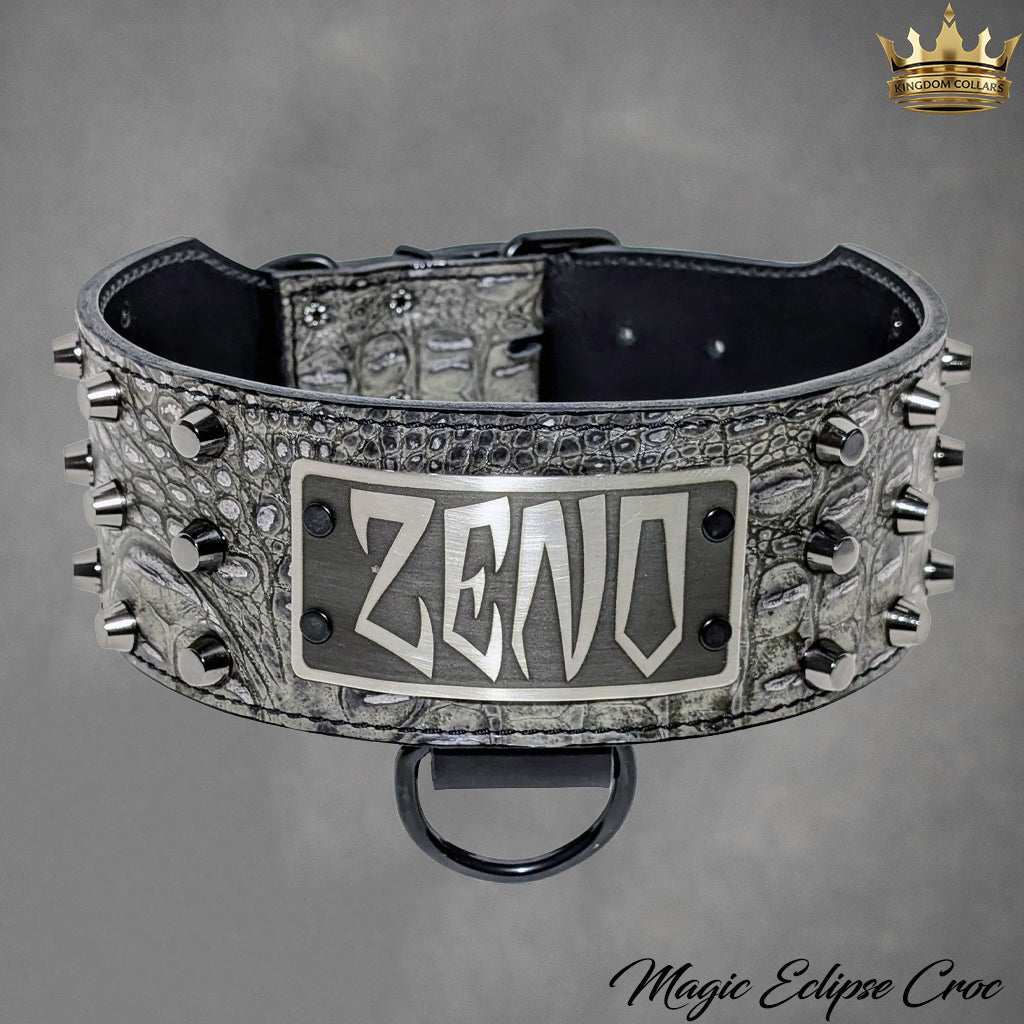 XN1 - Collar de cuero para perro de 3" de ancho con placa de identificación personalizada y tachuelas