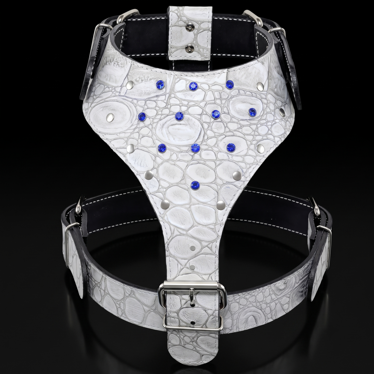 Italian leather dog harness with crystal gems and flat rivets in multiple color options