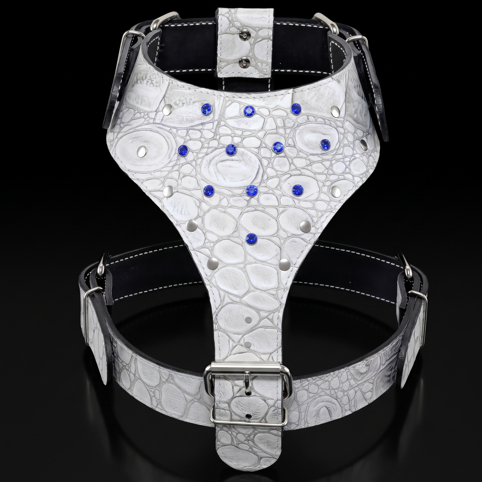 Italian leather dog harness with crystal gems and flat rivets in multiple color options