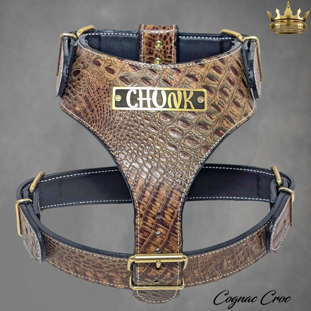 NH4 – Personalized Italian Leather Dog Harness | Custom Engraved Name Plate