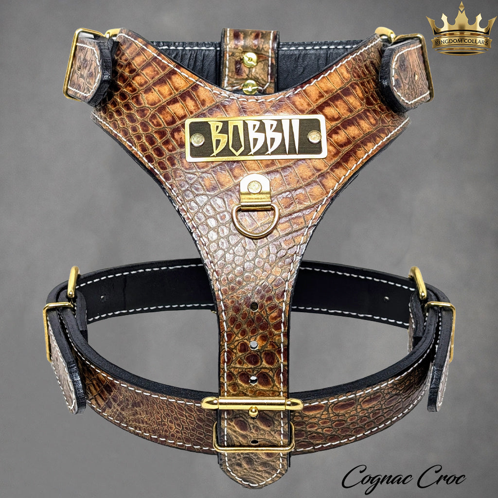 NH4 – Personalized Italian Leather Dog Harness | Custom Engraved Name Plate