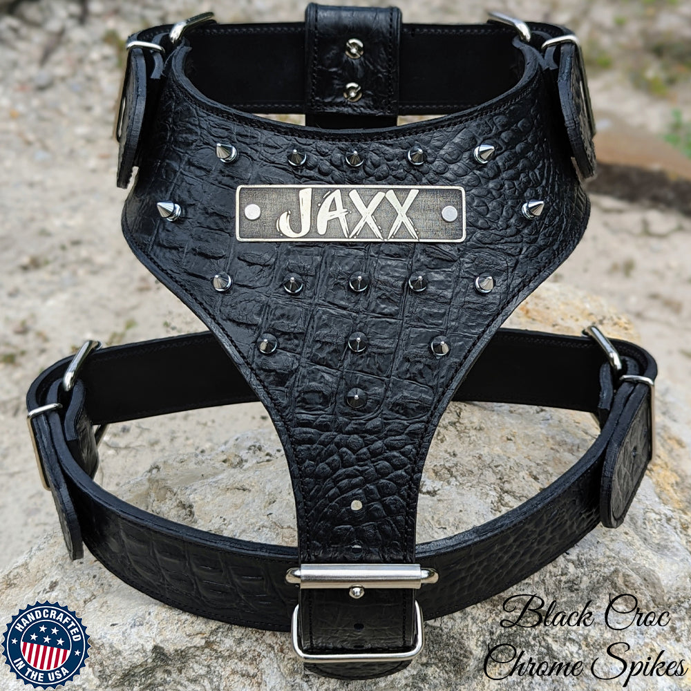 YN62 - Spiked Leather Dog Harness Personalized Name Plate