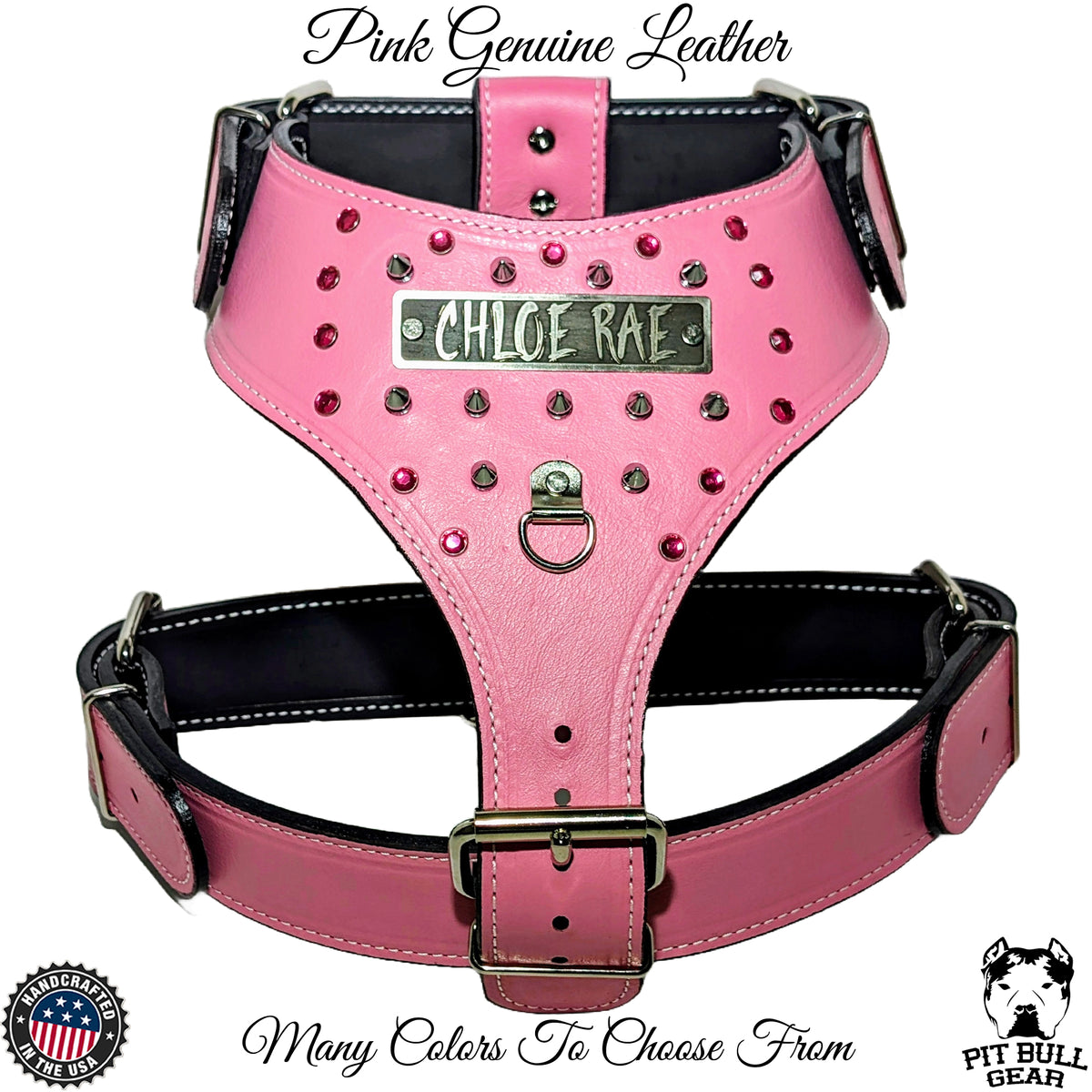 NH6 - Leather Dog Harness Personalized Name Plate Gems &amp; Spikes